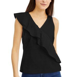 INC Black Ruffled Solid Sleeveless V Neck Top
